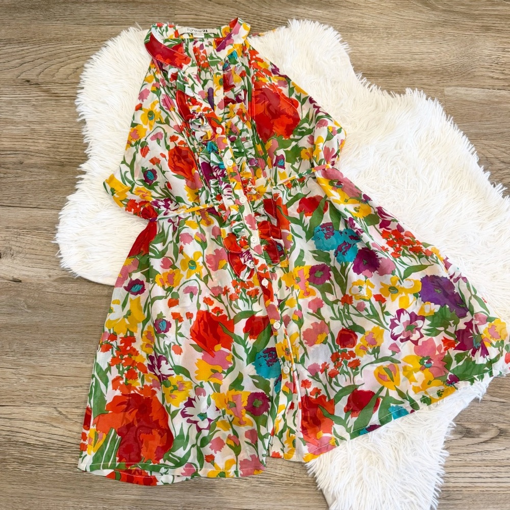 Forever 21 2016 Floral Button Front Ruffle Top Small Y2K Maximalist Garden